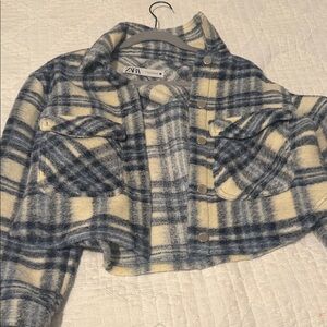 Zara Women's Blue and Cream Checkered Teddy Jacket